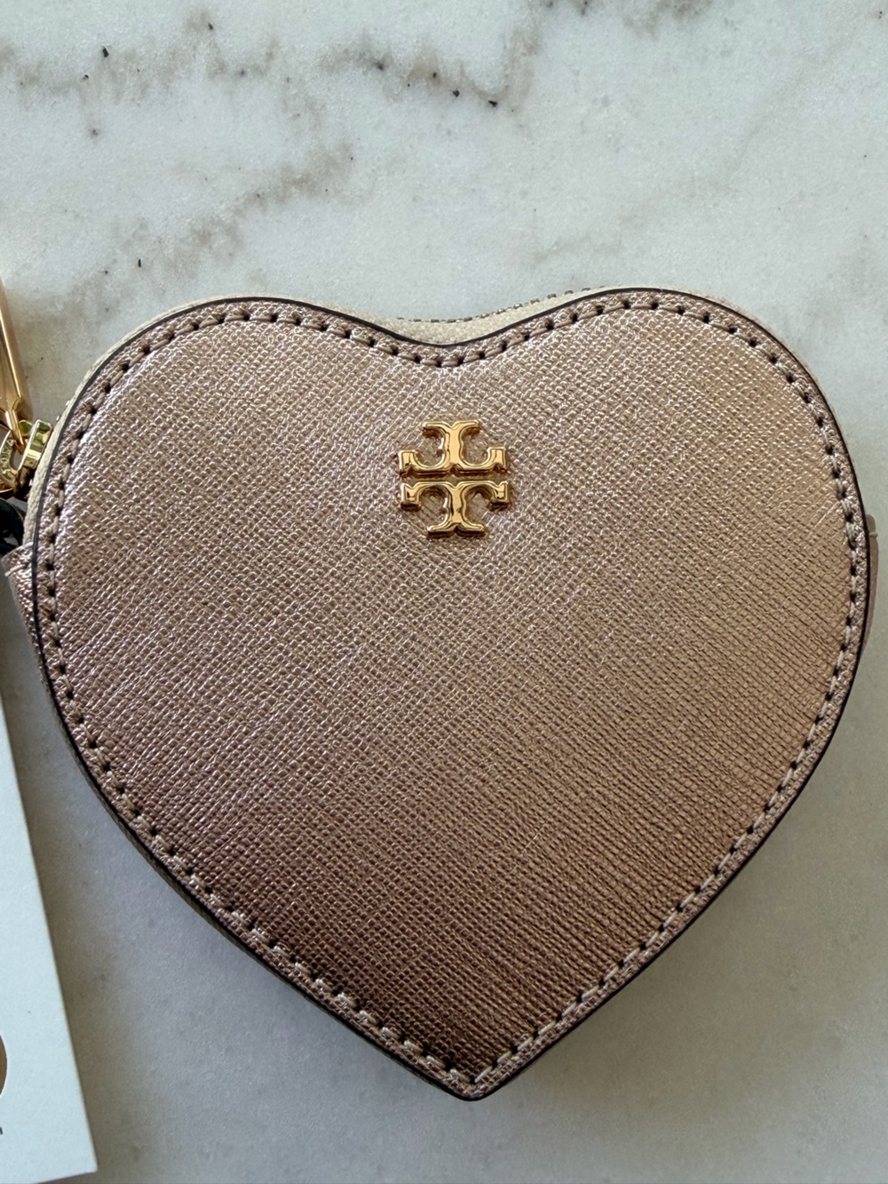 Tory Burch Metallic Rose Gold Heart Leather Coin Purse Keychain Charm NWT - Picture 2 of 11